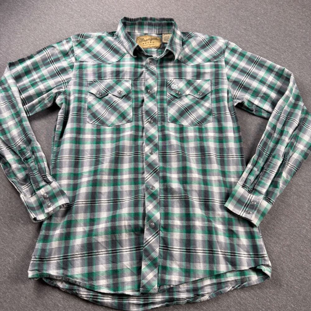Wrangler Retro Mens XL Green Plaid Pearl Snap Western Shirt‎ Long Sleeve Cowboy